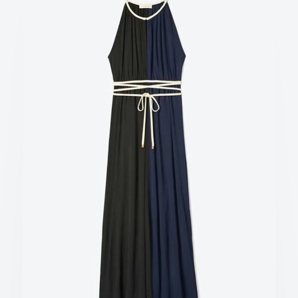 Tory Burch Colorblock Tie Waist Black and Navy Maxi Dress - Picture 1 of 2